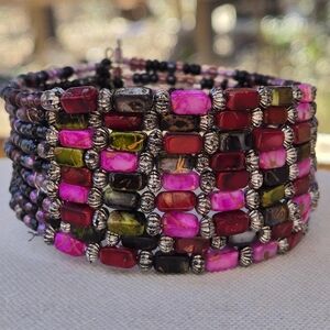 Vintage Multi Row Beaded Cuff Open Bracelet Purple Pink Black Silver Festival